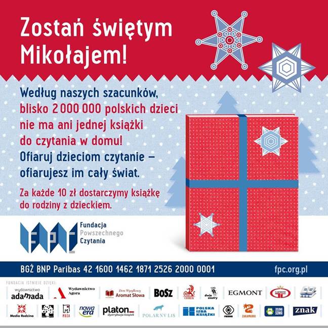  Fundacja Powszechnego Czytania - Zostań świętym Mikołajem - podaruj książki dzieciom!